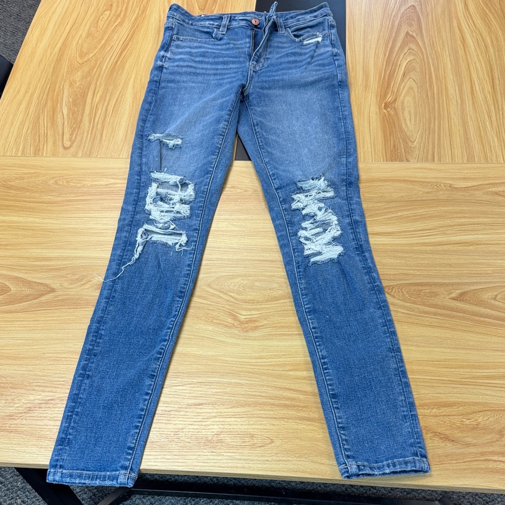 American Eagle Outfitters Blue Distressed Skinny Jeans jegging 4 x-long